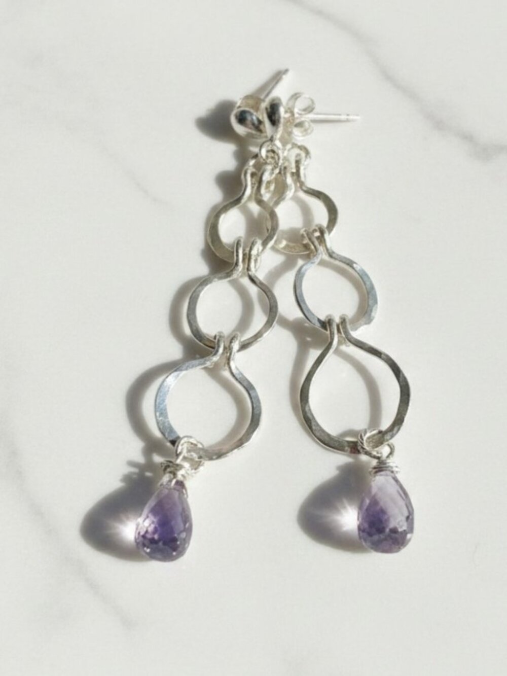 Handmade Hammered Silver and Lab-made Amethyst Earrings